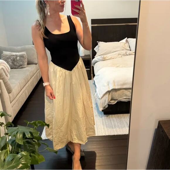 Ronny Kobo Black Cream Fit Flare Midi Dress LARGE Romantic Cotton Designer $410 - Picture 7 of 12